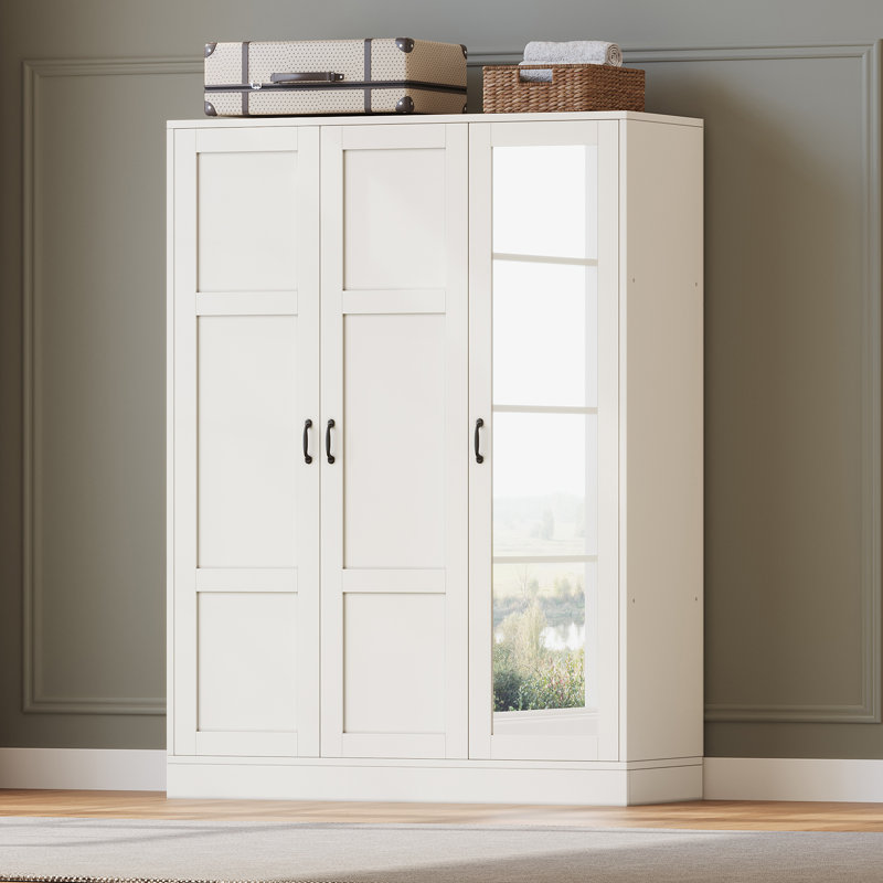 Armoire 3 portes avec miroir pleine longueur, armoire de rangement autoportante avec tablettes réglables et tringle, Blanc