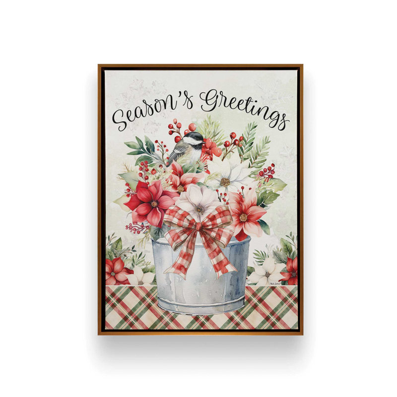 «Christmas in Bloom Floral Bucket» par Nicole DeCamp, reproduction d'art, L 24 po x H 32 po, Toile avec cadre, Doré