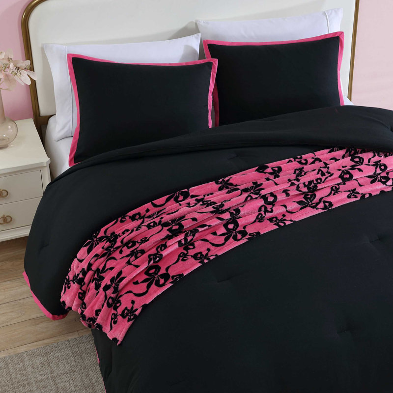 Ensemble d'édredon réversible Betsey Johnson Signature, Édredon pour lit simple + 2 pièces supplémentai, Rose/noir