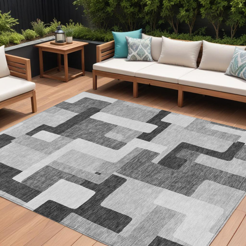Tapis intérieur / extérieur ivoire et gris anthracite lavable 8 pi x 10 pi