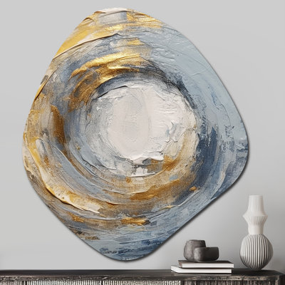 «Gold and Blue Vibrant Spirals IV» - Art mural en spirale asymétrique abstraite, reproduction de sculpture murale en métal de forme unique