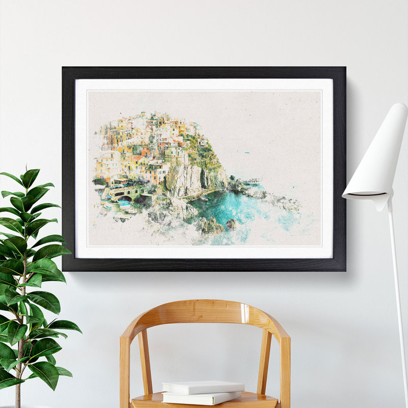 Manarola in Italy Watercolour - Picture Frame Graphic Art Print, Black Framed, 24cm H x 33cm W x 2cm D