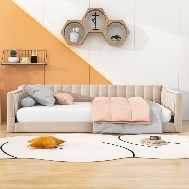 Wood Daybed with Slats and Storage Pocket, Beige, Twin Extra-Long