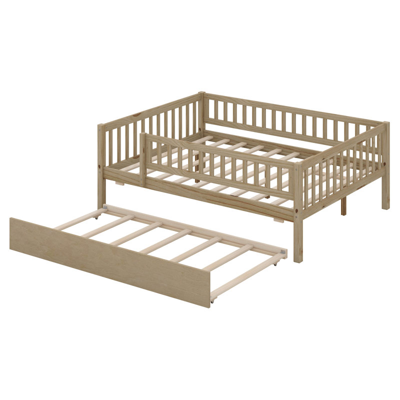 Full Size Daybed With Trundle, Wood Kids Platform Bed Frame With Fence Guardrails, No Box Spring Needed, Natural
