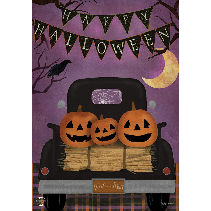 Drapeau d'Halloween camion de jardin primitif, Orange / noir / mauve / jaune