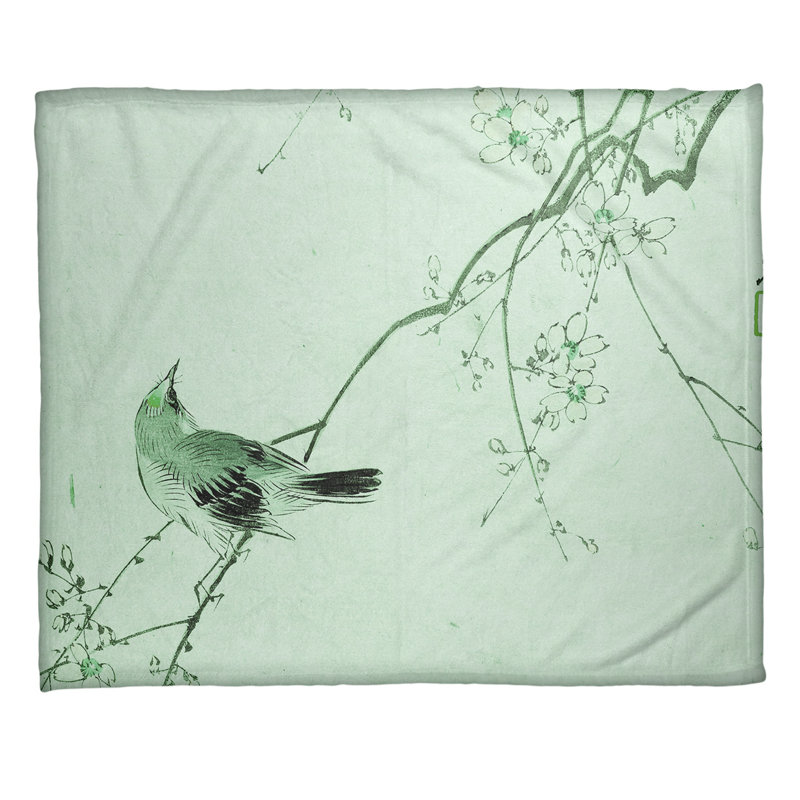  Jeté en molleton vintage japonais avec fleurs et oiseaux, Vert