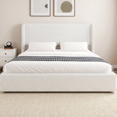 Upholstered Boucle Platform Bed Frame with Wingback Headboard, Cloud Bed with Solid Wood Slats & Legs, Modern Minimalist Design, No Box Spring Needed