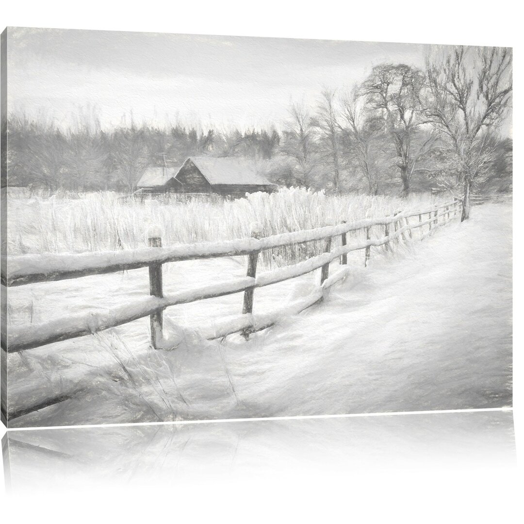 Leinwandbild Hütte im Schnee in Schwarz/Weiß