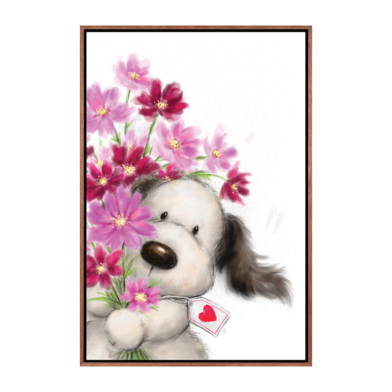 «Dog with Flowers I» par Makiko - reproduction d'art, Pas de tapis, H 26 po x l 18 po x 1,5 po