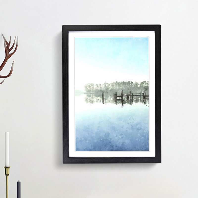 Trees Reflecting in a Lake in North Carolina - Picture Frame Painting Print, 63cm H x 45cm W x 2cm D, Black Framed