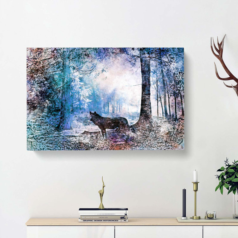 Wolf In A Magical Forest In Abstract - Wrapped Canvas Painting, 35cm H x 50cm W x 3cm D