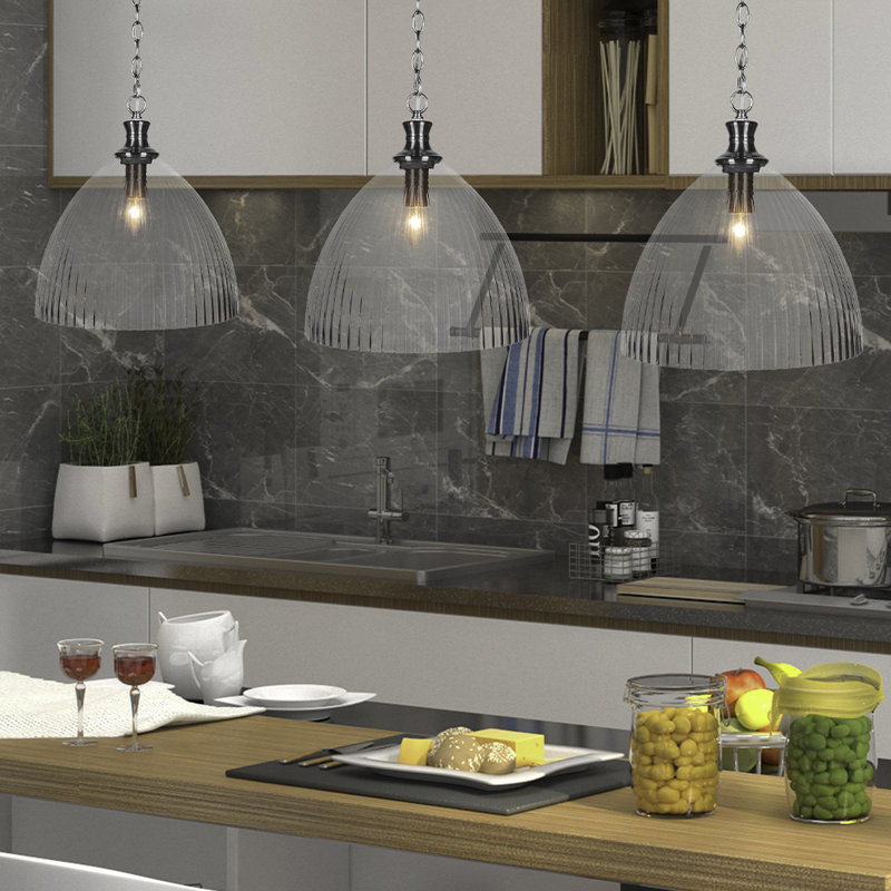 Carina Chain Hung Pendant Shown In Brushed Nickel Finish With 14" Clear Ribbed Glass