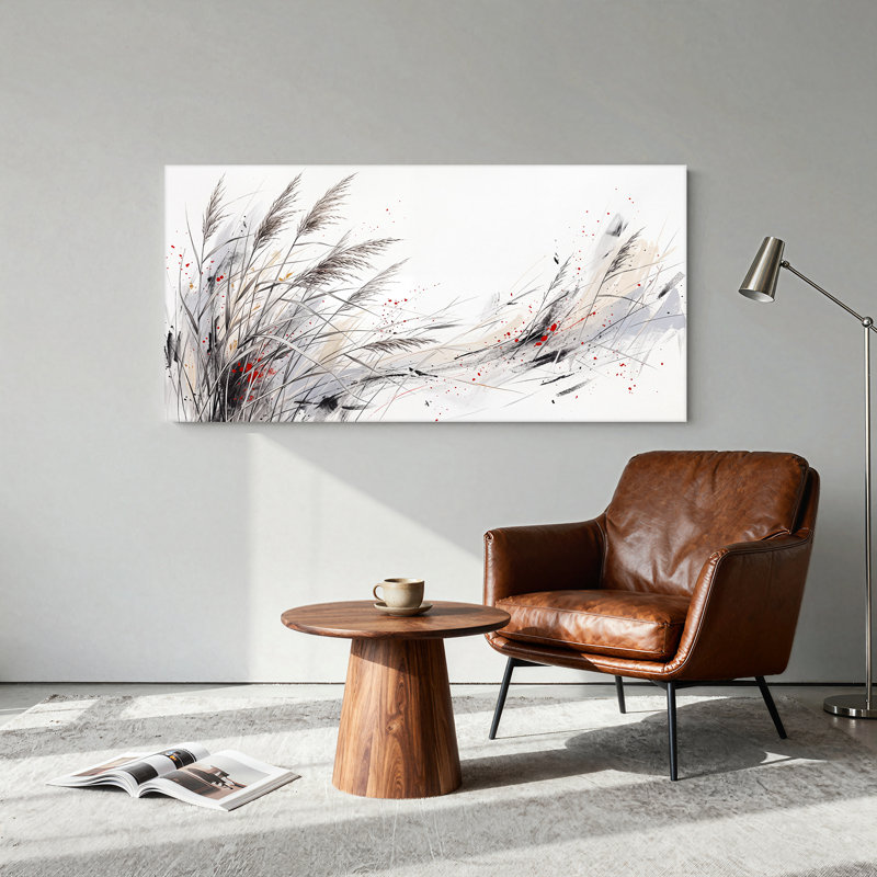Art mural sur toile avec de grandes herbes noires et blanches avec des accents rouges, 46"W x 24"H