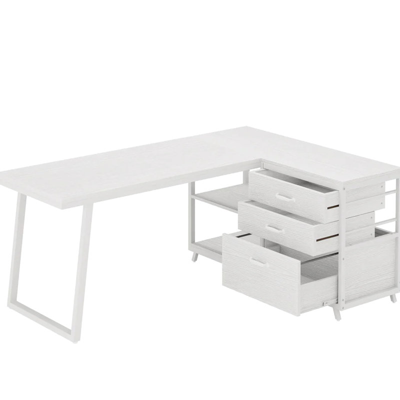 Bureau blanc multifonctionnel en forme de L pour la maison et le bureau. Peut servir de table d'ordinateur ou de table d'étude. Comprend 2 petits tiroirs, 1 grand tiroir et des tablettes ouvertes. Son assise en L réversible offre un espace de travail généreux.