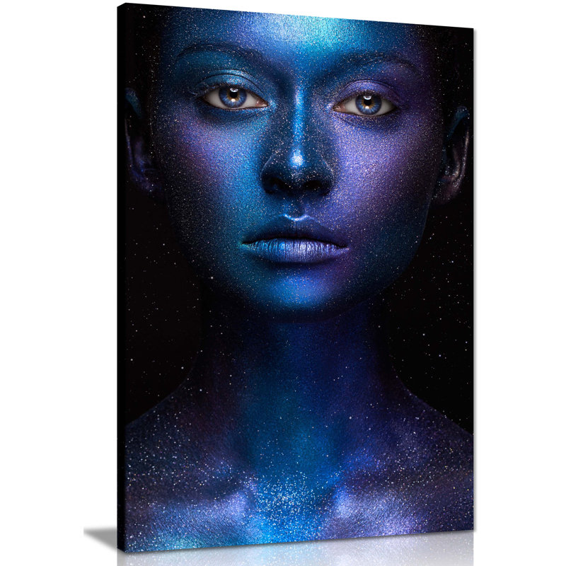 Panther Print Fine Art Prints Woman In Blue & Purple Star Dust Body Paint Portrait Artistic Framed Canvas Prints, Pictures For Home Walls, Bedroom, Living Room & Bathroom Decor - Wrapped Canvas Art Prints