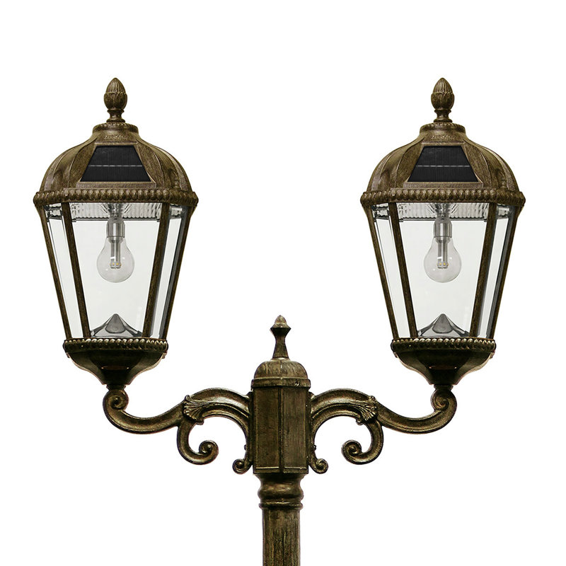 No Digging or Wiring Royal Bulb Double Head Solar Lamp Post (complete) Weathered Bronze