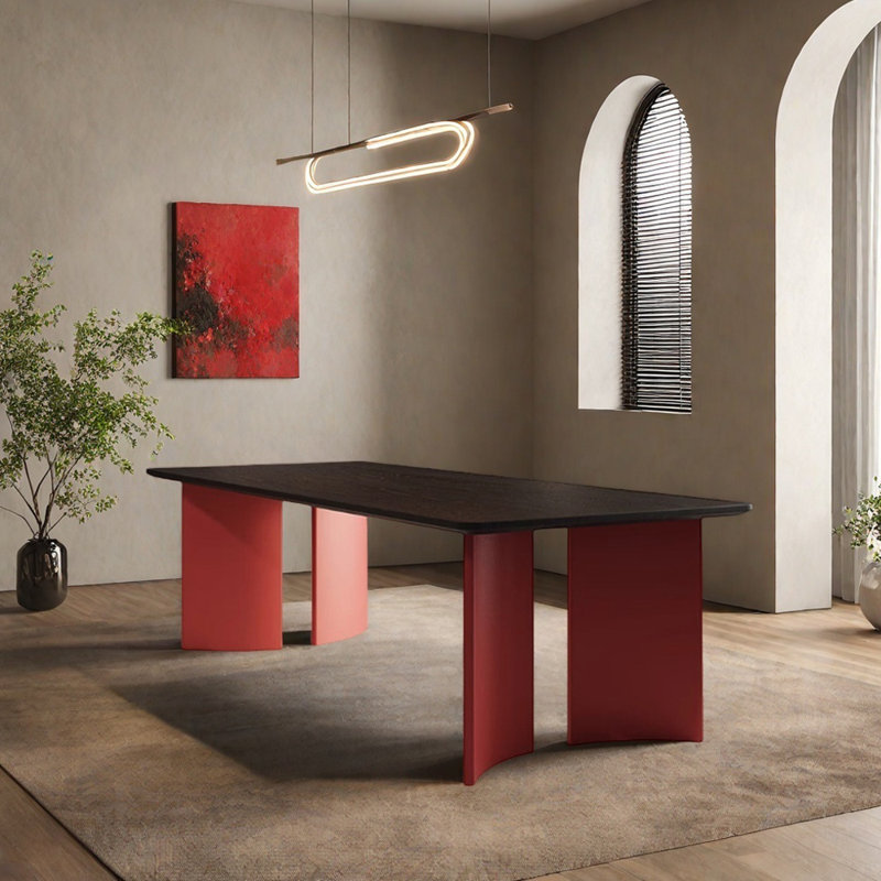 Modern Rectangular Red And Black Solid Wood Table, 29.52"H x 70.86"L x 33.46"W