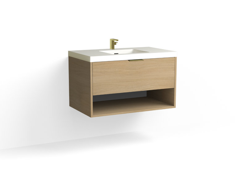 Modo 36" W Wall Mounted Single Bathroom Vanity, Glossy White/8" Widespread, Nocino, Satin Nickel