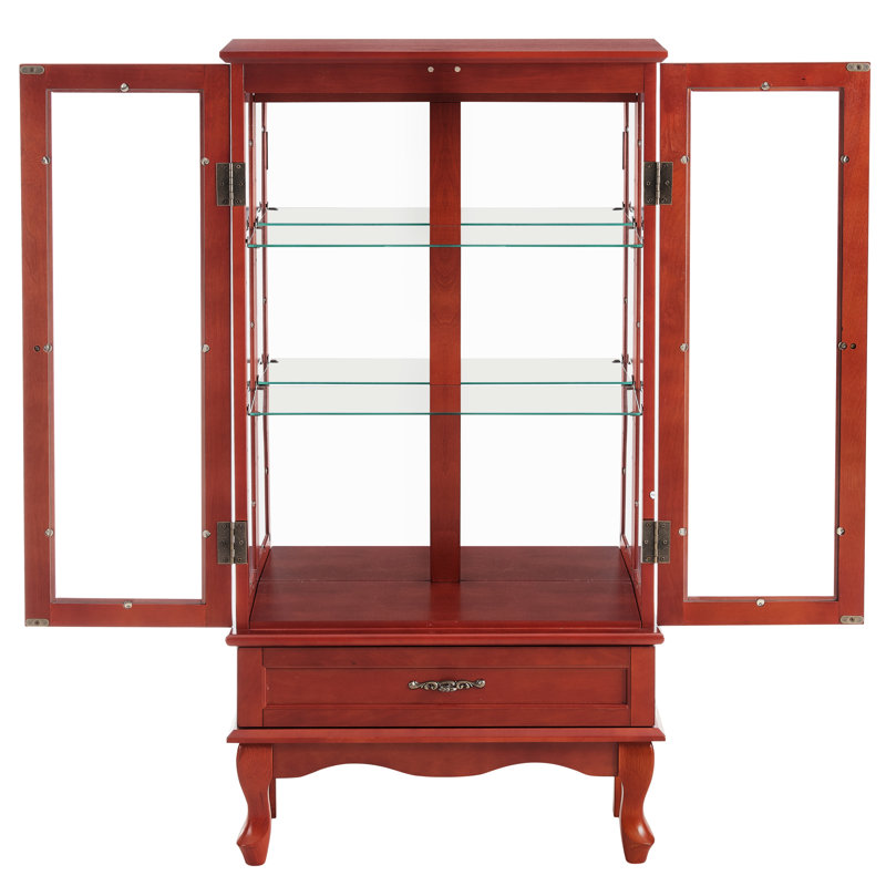 Graceful Curio Cabinet With 2 Doors And 1 Drawer - Cherry, Adjustable Shelves, Bulb Included, Protection Mechanism Fascinating Lighted Display Cherry Finish, Stability Guarantee