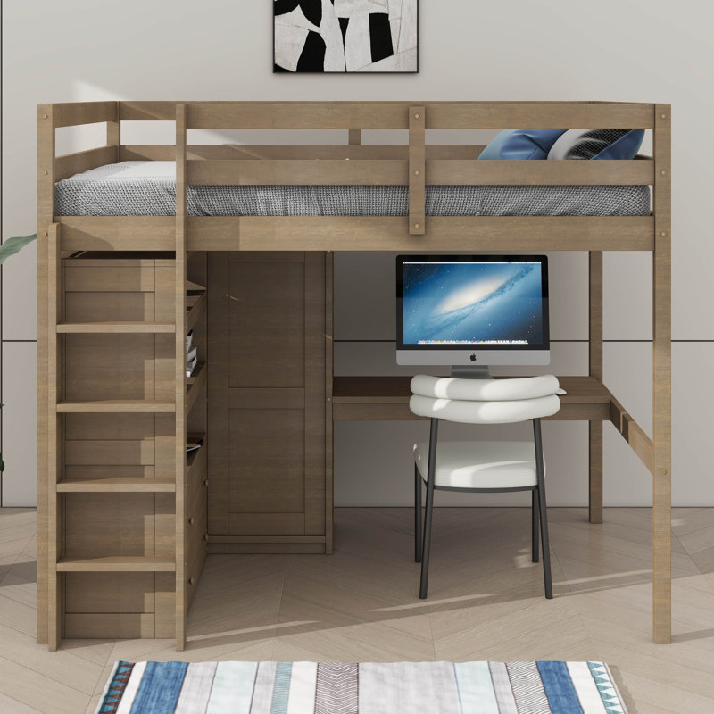 Wooden Full-Size Loft Bed With Integrated Wardrobe, Desk, Storage Shelves & Drawers, Walnut