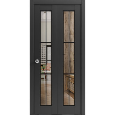 Sliding Closet Bi-fold Doors 84 x 96 in (2x 42x96) Lucia 2366 Matte Black with Clear Glass Sturdy Tracks Moldings Trims Hardware Set Wood Solid Bedroom Wardrobe Doors