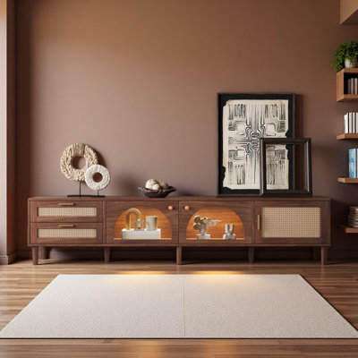 Meuble télé 86 po pour téléviseur de 90 po ou moins, meuble audio-vidéo avec lumières DEL contrôlées par une application, 2 tiroirs et porte vitrée, console multimédia moderne pour le salon