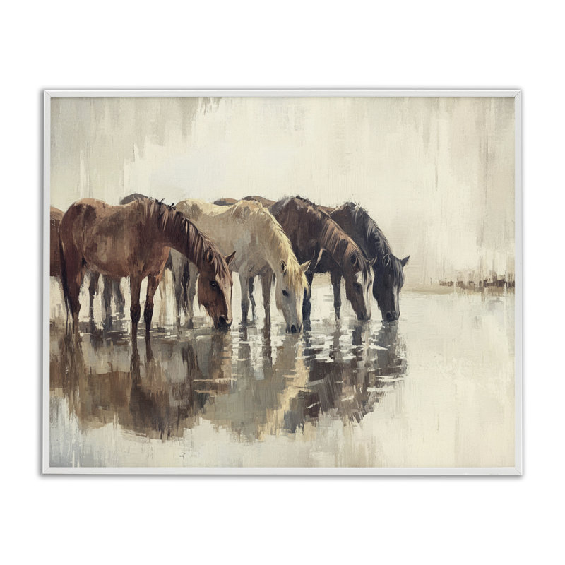 Troupeau de chevaux buvant des giclées, design par Franklyn Gregory, H 16 po x l 20 po