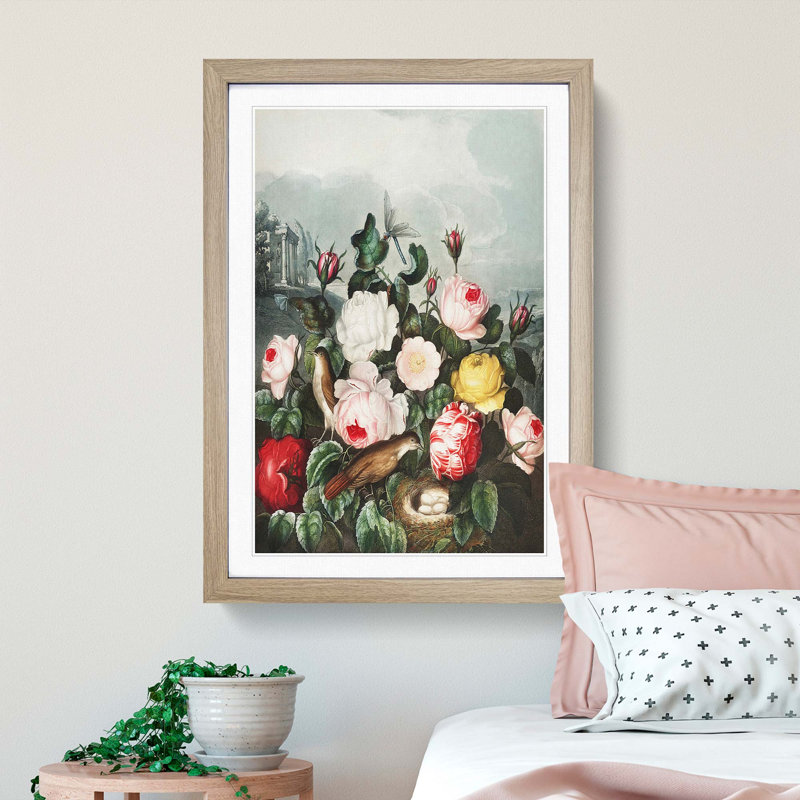 Birds Nest in the Roses by R.J. Thornton - Picture Frame Painting Print, 36cm H x 27cm W x 2cm D, Oak Framed
