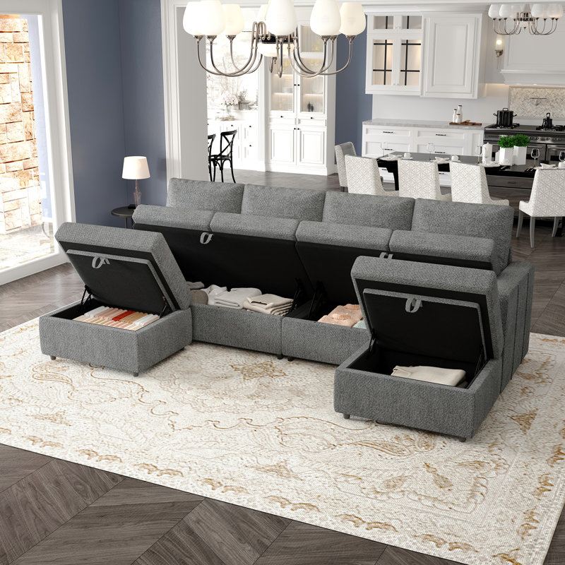 Canapé modulaire rembourré avec rangement Rafael, Chenille gris pâle
