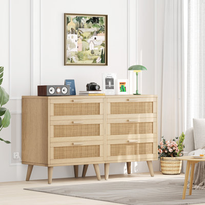 Ensemble de table de chevet en rotin Bayou Breeze avec station de charge, table de chevet avec 6 tiroirs, table de bout de chevet de 28,5 pouces pour chambre à coucher, table d'appoint avec ports et prises USB, style bohème, 0BF9D941919D42E4AE4A1739BBF