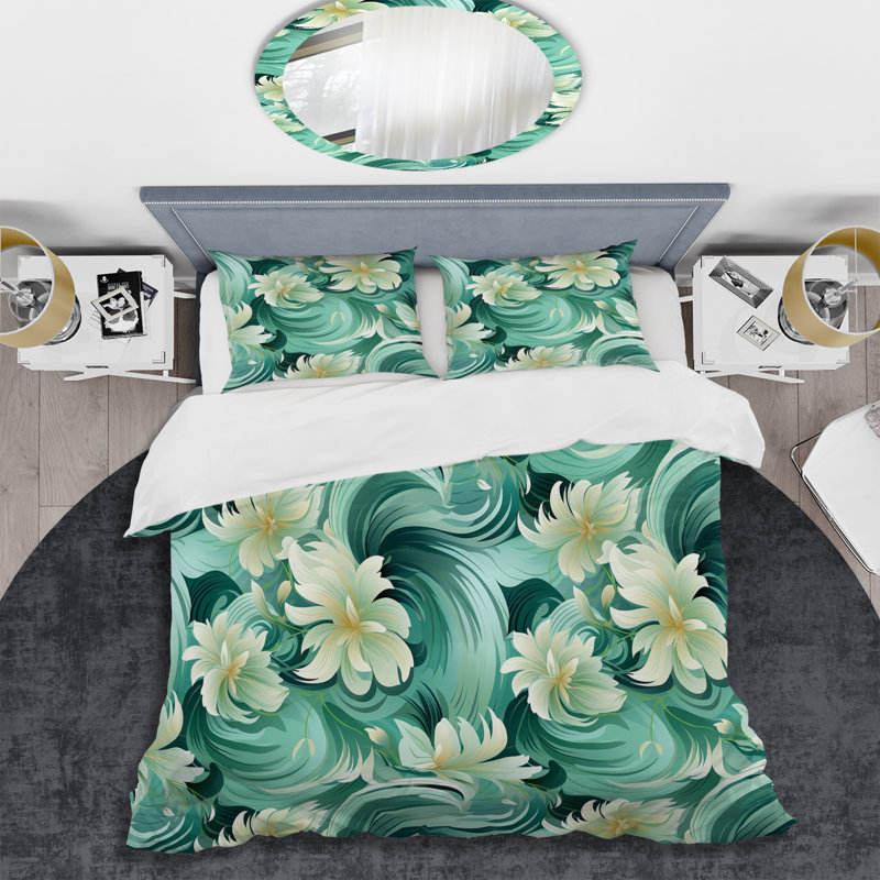 Ensemble de housse de couette à motif floral Green Mint, Housse de couette simple + 1 taie décorative stan