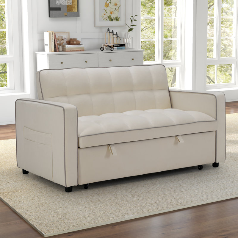 53.1" Wide Modern Convertible Microsuede Sleeper Sofa Bed With Reclining Backrest And Side Pocket, Beige Microfiber