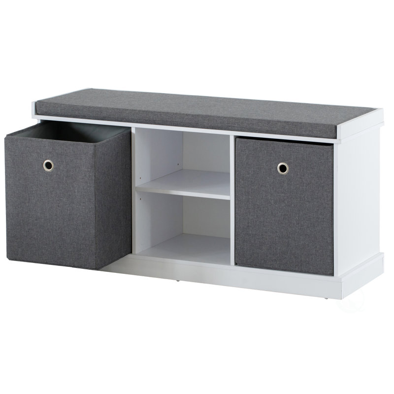Quincy MDF Storage Box Shoe Bench with 2 Shelves, Foldable Baskets and a Gray Cushion, White