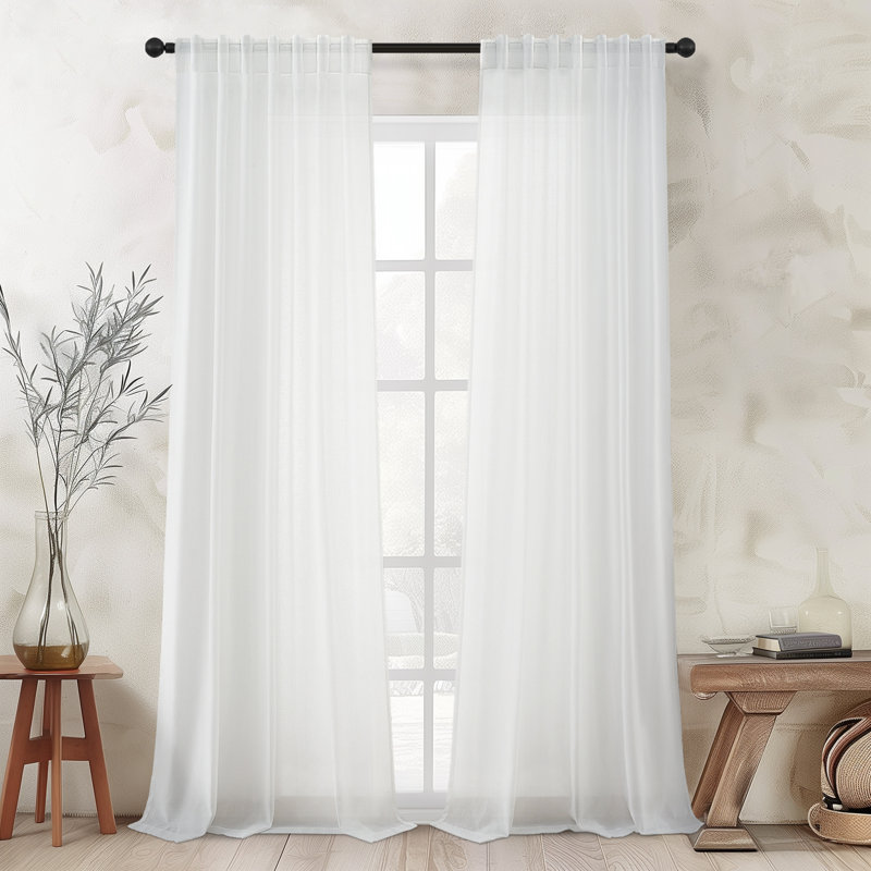 Cotton Linen Blended Light Filtering Curtain,Back Tab Hooks  Drapes (Set of 2,With Hooks), White, 52" W x 84" L