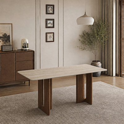 Table de salle à manger moderne en pierre de 63 po, plateau en pierre résistant aux égratignures et à la chaleur avec base évidée, pour 6 personnes