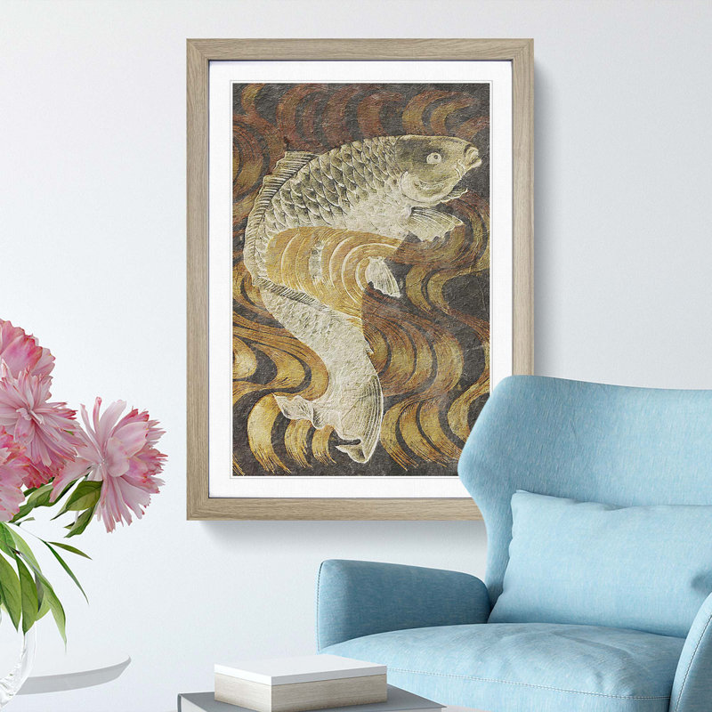 A Carp Fish Swimming Upstream - Single Picture Frame Painting, 45cm H x 33cm W x 2cm D, Oak Framed