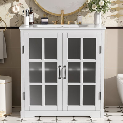 Bathroom Vanity with Tempered Blurred Glass and Durable Ceramic Sink for Bathrooms