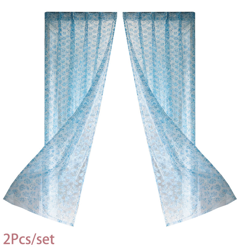 2 Pcs Vintage Curtains Sheer Panels, Rose Flower Semi Sheer Window Covering, Light & Airy Privacy Sheer Panels for Bedroom Living Room Patio Glass Door,Blue * 2 pack