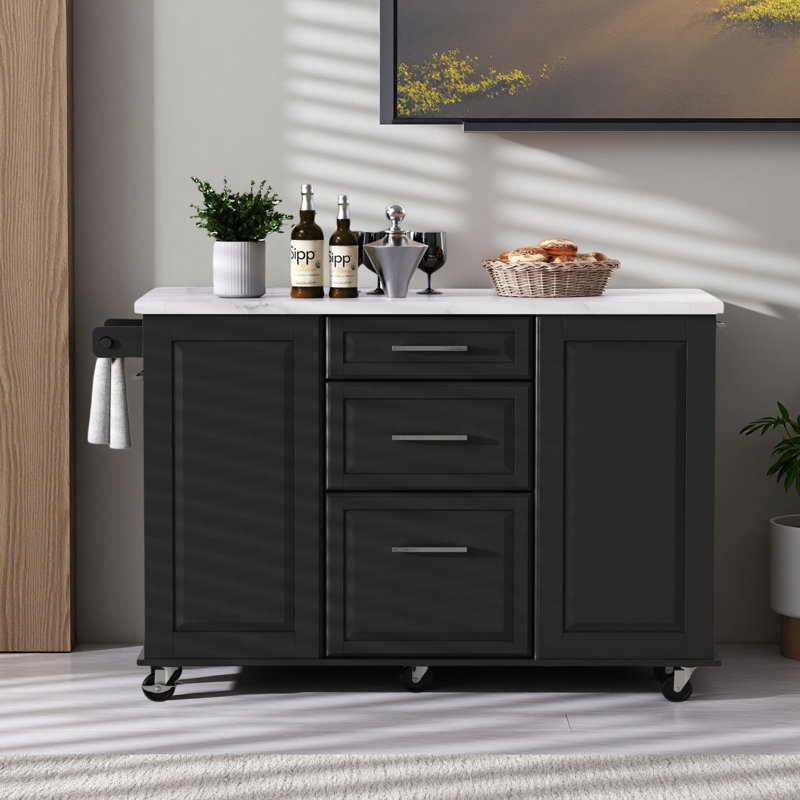 Îlot de cuisine 50,7 po avec rangement pour bac à ordures inclinable et organisateur d'armoire escamotable, îlot de cuisine sur roulettes sur 5 roulettes