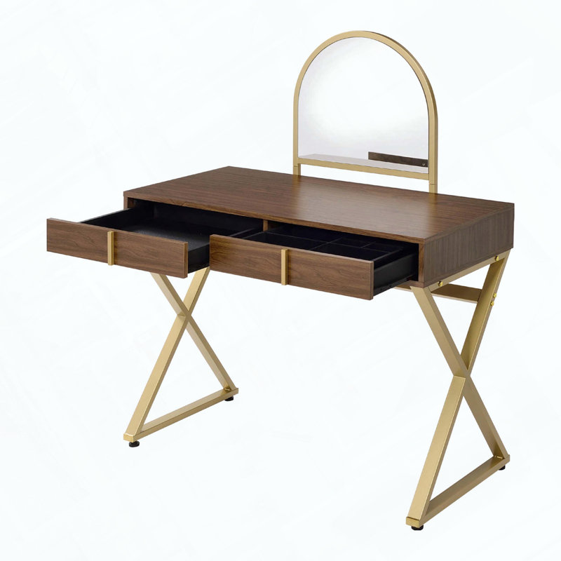Bureau de coiffeuse 2 tiroirs avec miroir et plateau à bijoux, noyer et or