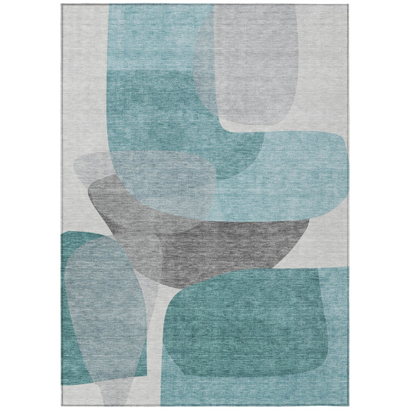 Tapis extérieur bleu sarcelle lavable abstrait 9 pi x 12 pi bleu et gris