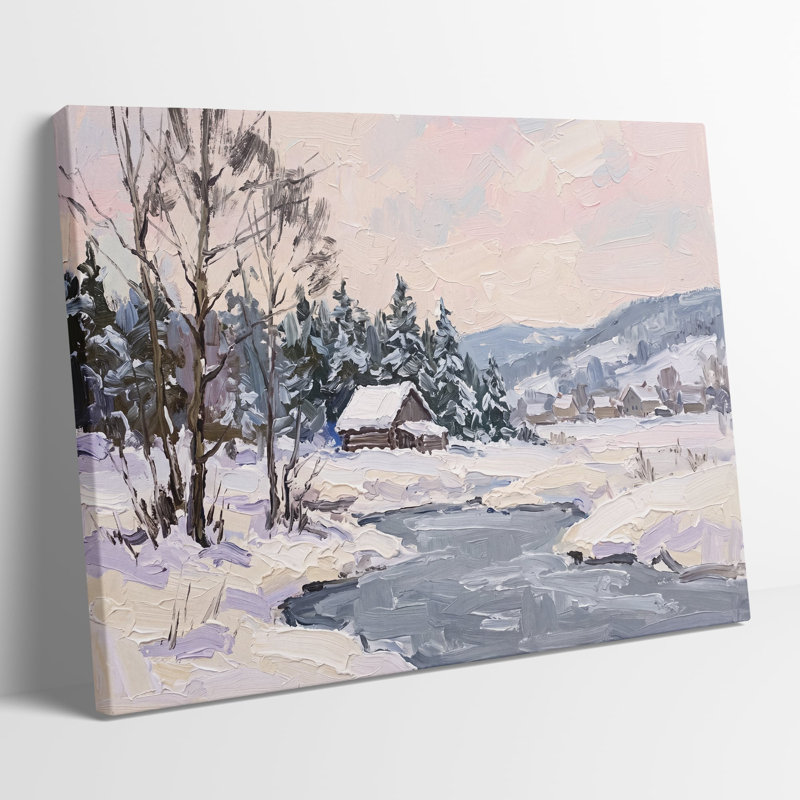 Tableau multicolore sur toile représentant un paysage hivernal avec un chalet et un ruisseau, œuvre d'art murale picturale représentant la nature enneigée, idéale pour le salon, la salle à manger et la chambre.
