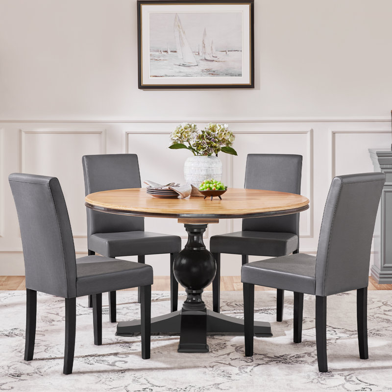 4PCS Faux Leather Dining Room Chairs High Back Padded Rubberwood Legs, Dark Grey