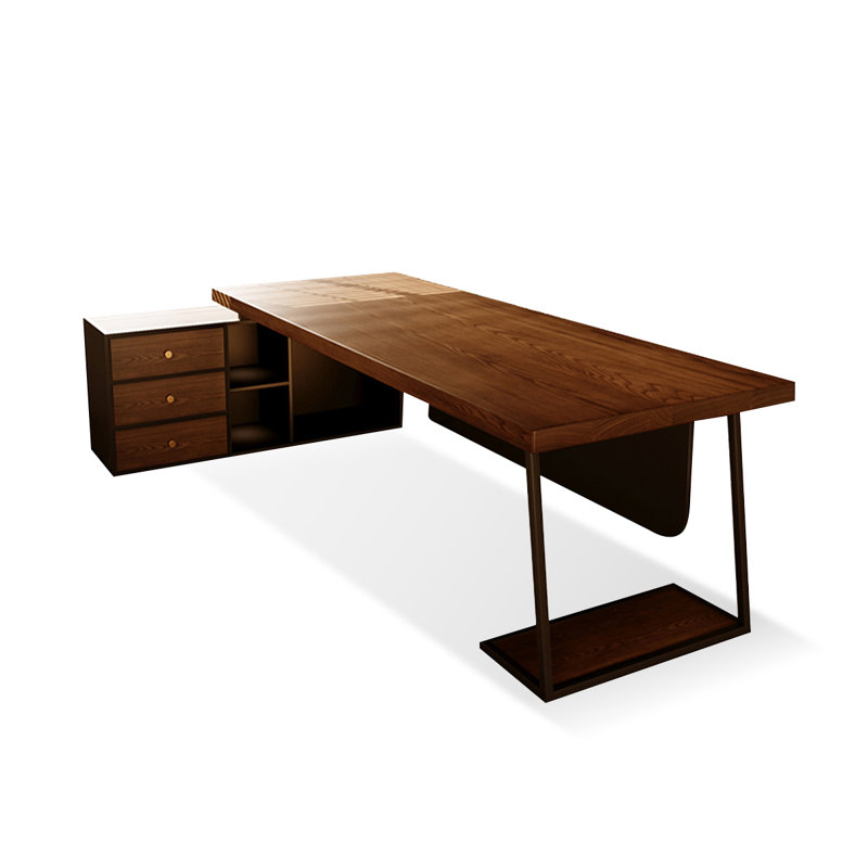 Bureau en bois massif en forme de L brun noyer + en fer avec bureau à 3 tiroirs, H 29,53 po x l 86,61 po x P 59,06 po
