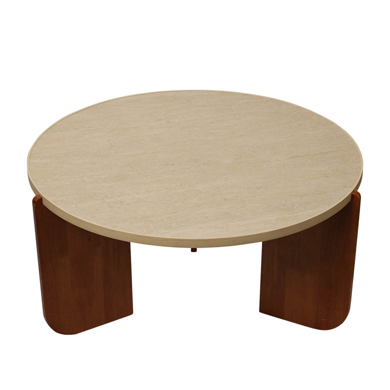 30 Inch Round Travertine Texture Coffee Table With Solid Wood Legs – Modern Low Center Accent Table For Living Room, Office, Apartment