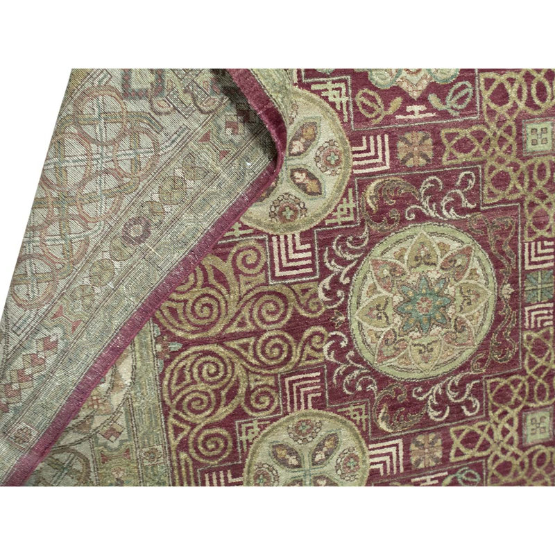 Tapis beige / rouge / bleu clair en laine noué à la main de conception unique 9 pi 1 po x 11 pi 11 po