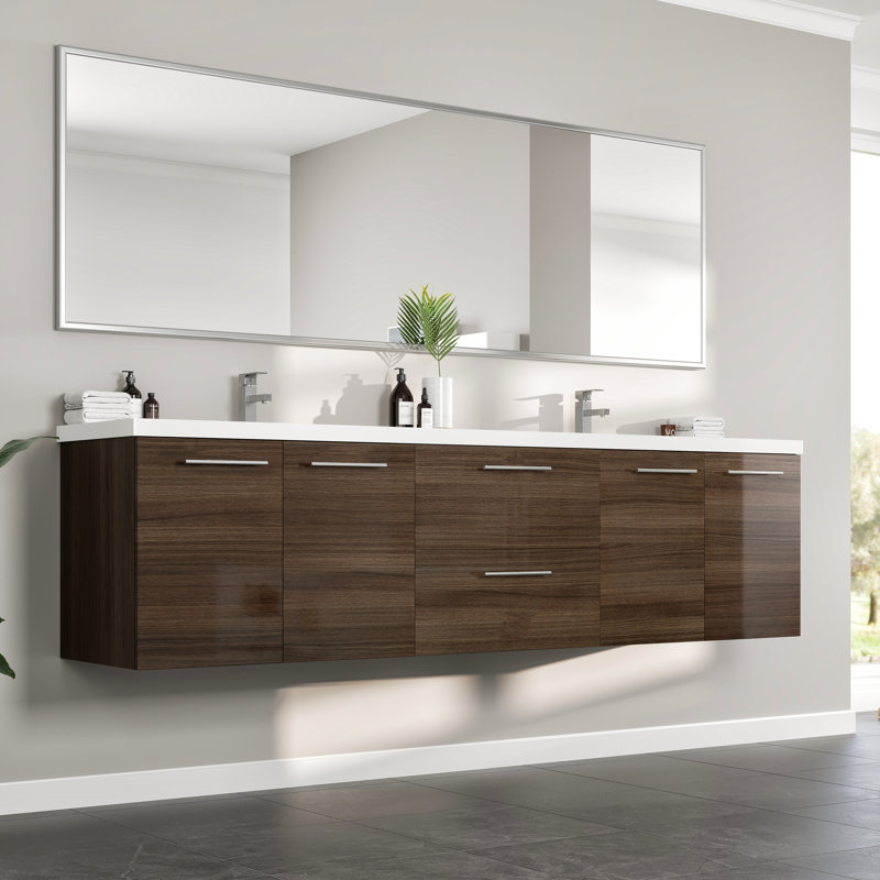 Lumina 84 In.  Wall Mount Double Sink Bath Vanity With Acrylic Top And Integrated Sinks, Gray Oak