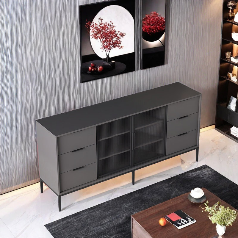 Buffet moderne avec 2 portes et 6 tiroirs, Gris foncé