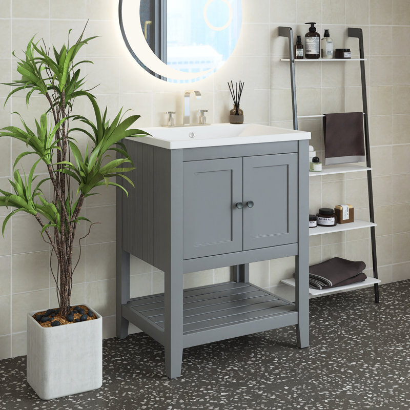 Meuble-lavabo simple 24 po avec plateau en céramique Sookie, Gris