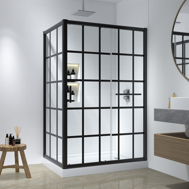 Cyrus 48" W x 34" D x 72" H Framed Rectangle Single Sliding Shower Enclosure with Towel Bar and Fixed Panel